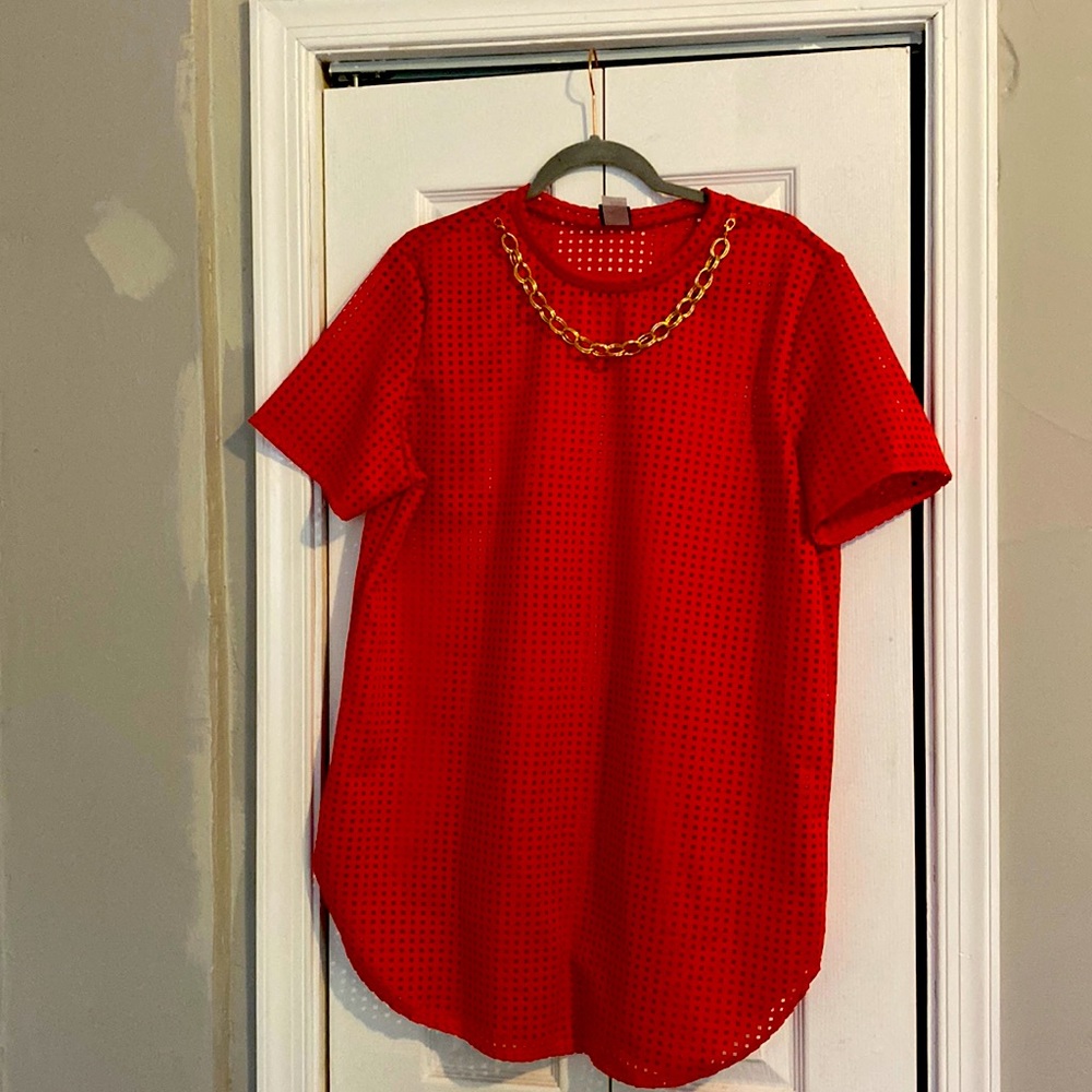 Red Square Eyelet Short Sleeve Tunic
